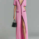 ElevenOra Chic Elegant Pink Colorblock Lapel Collar Single-Breasted Short-Sleeve Loose Knit Maxi Dress