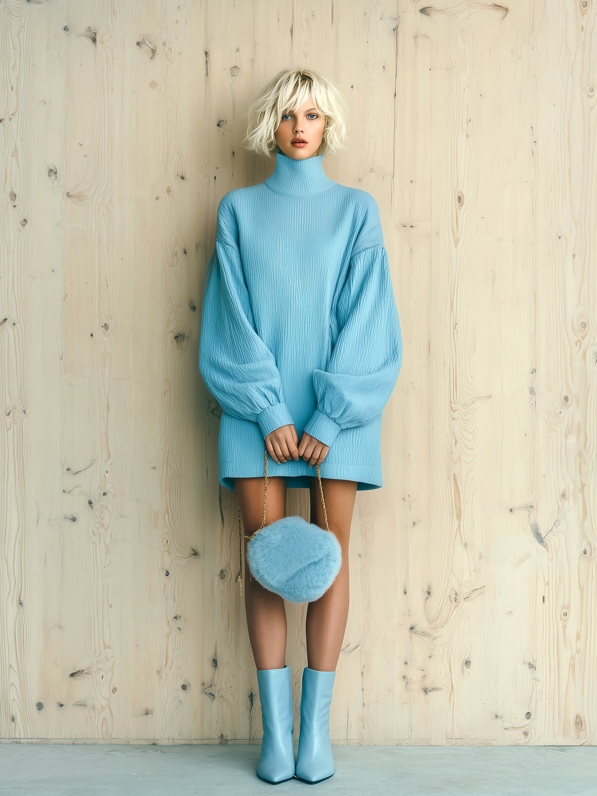 ElevenOra Chic Casual Baby Blue Pleated Textured Cotton Blend Turtleneck Lantern Sleeve Oversized Mini Dress