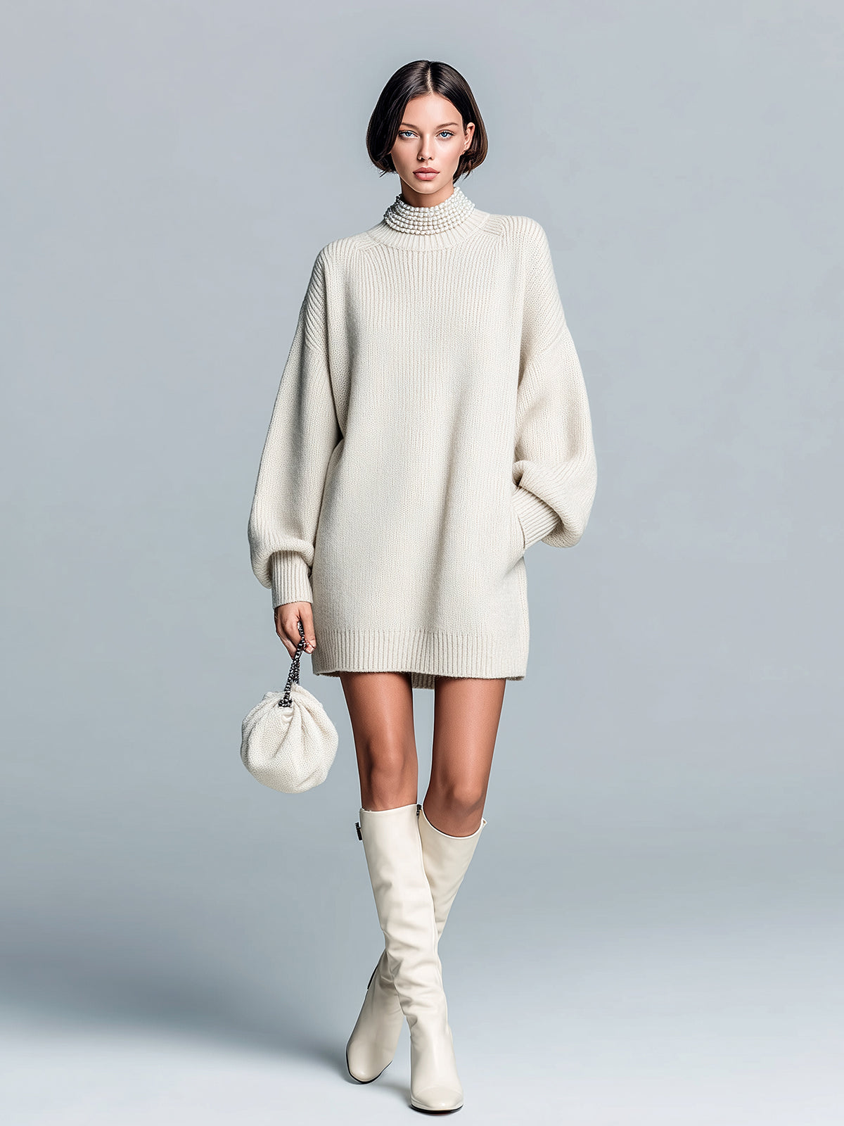 ElevenOra Chic Elegant Beige Round Neck Oversize Lantern Sleeve Knit Mini Dress