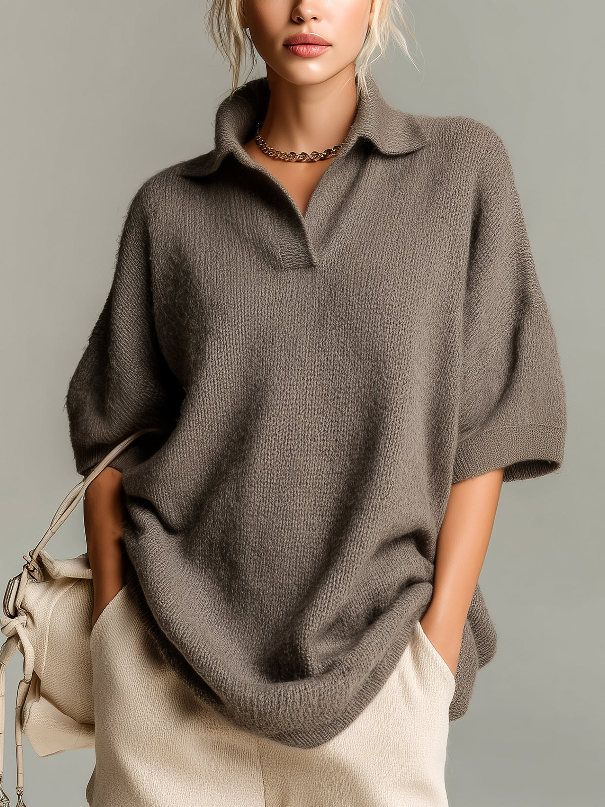 ElevenOra Chic Vintage Brown Lapel V-Neck Short-Sleeve Oversize Knit Sweater Top