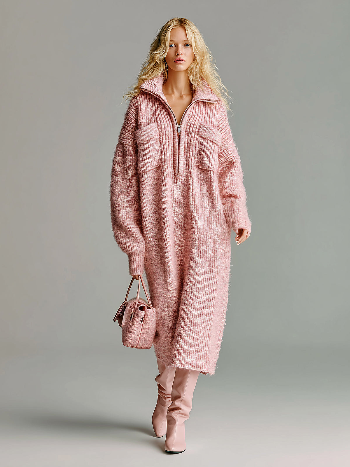 ElevenOra Chic Vintage Pink Cotton Blend Lapel Zipper-Front Long Sleeve Chest Pocket Oversized Ribbed Knit Maxi Dress