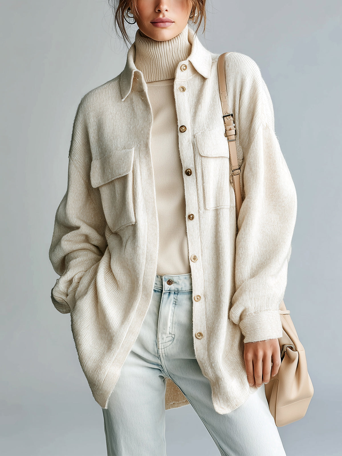 ElevenOra Chic Vintage Cream White Lapel Single-Breasted Utility Pocket Oversized Knit Shirt Cardigan