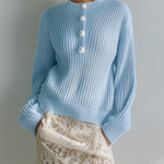 ElevenOra Chic Casual Blue Round Collar Pearl Button Loose Long-sleeve Knit Pullover Sweater