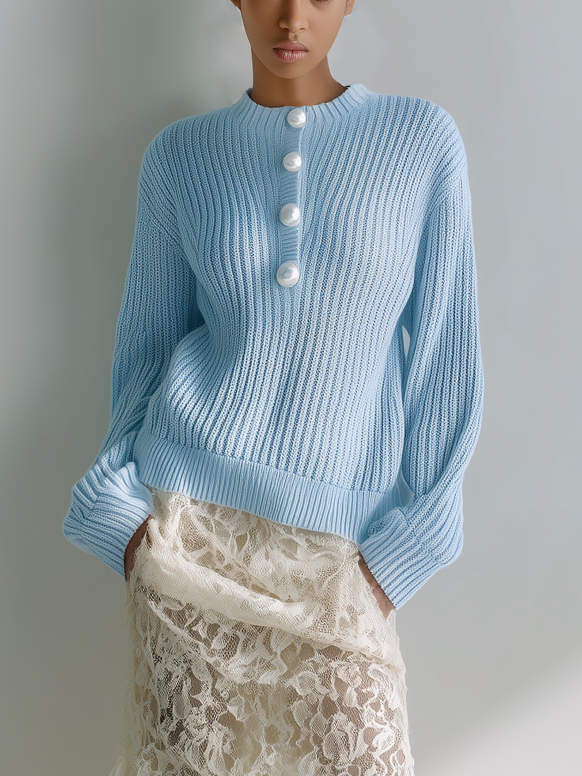 ElevenOra Chic Casual Blue Round Collar Pearl Button Loose Long-sleeve Knit Pullover Sweater
