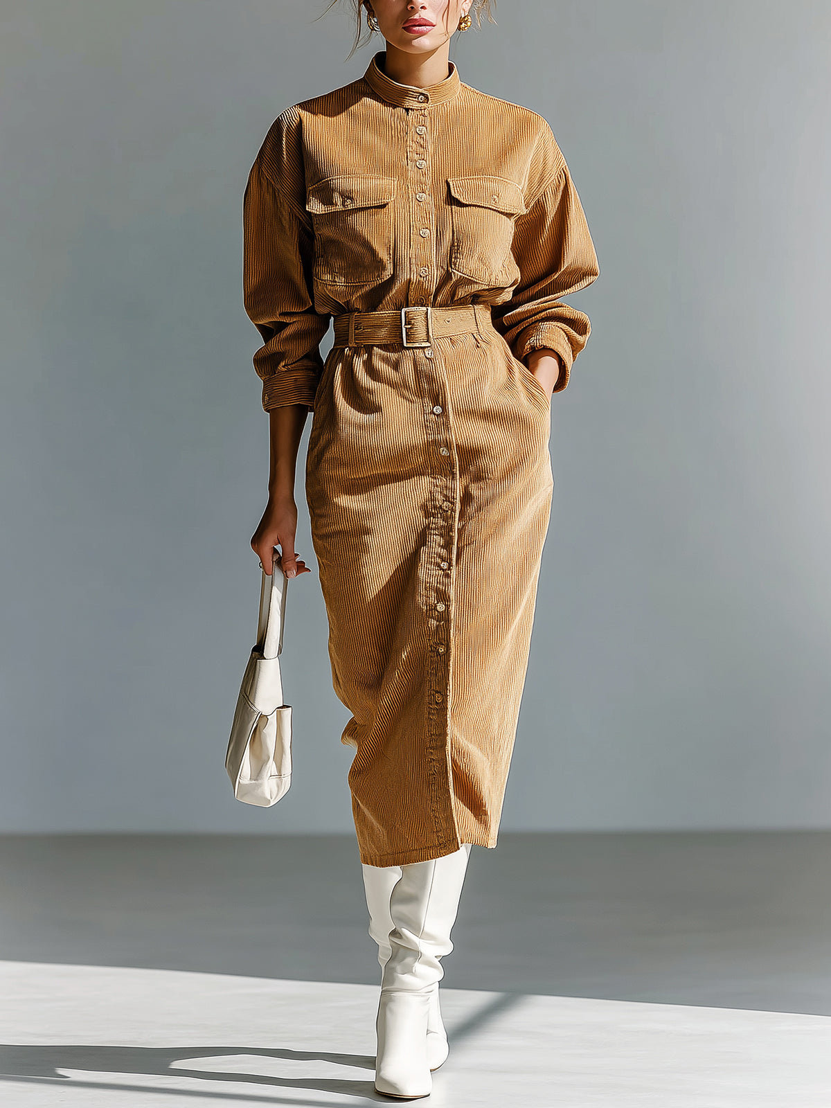 ElevenOra Casual Office Corduroy Stand Collar Single-Breasted Belted Multi-Pocket Long Sleeve Midi Dress