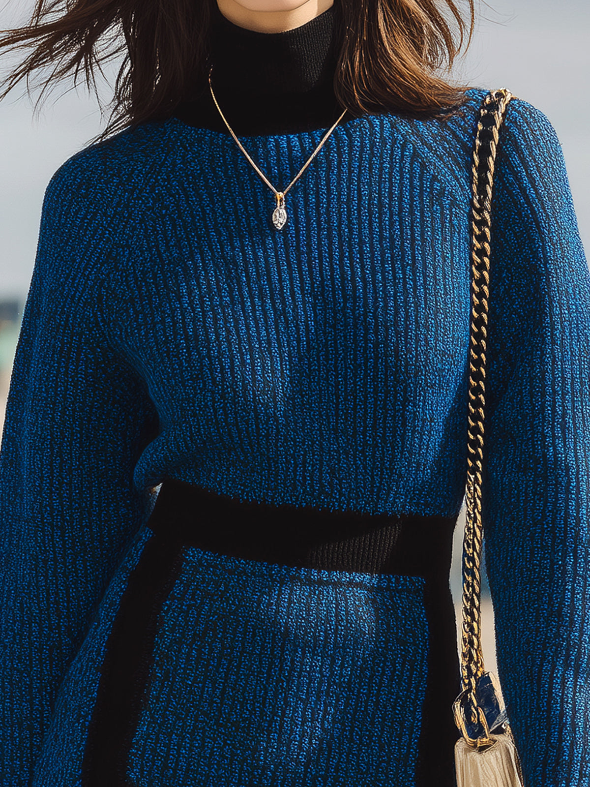 ElevenOra Stylish Color-blocked Line High Collar Slim Hem Slit Long Sleeve Knitted Mini Dress