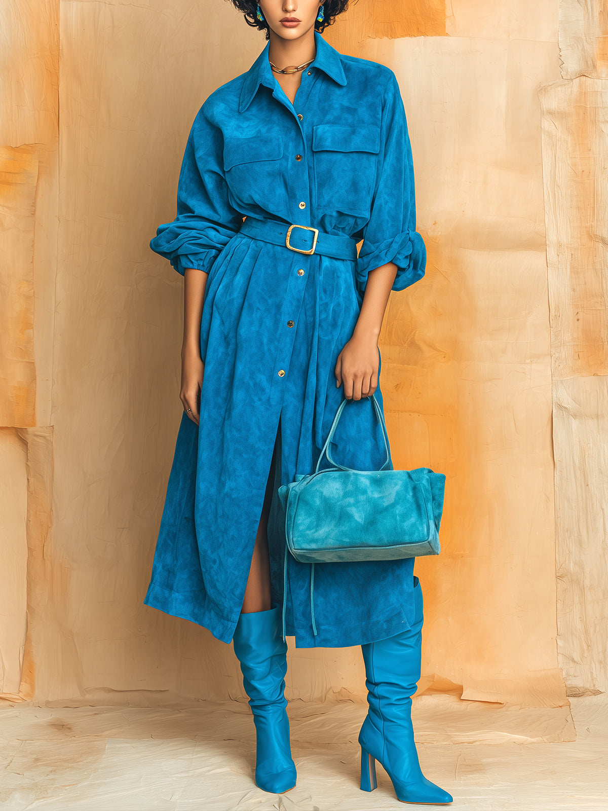 ElevenOra Chic Vintage Royal Blue Faux Suede Lapel Single-Breasted Long Sleeve Oversized Belted Maxi Dress