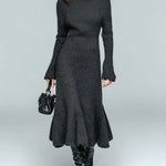 ElevenOra Chic Elegant Dark Gray Cowl Neck Long Sleeve Slim Fit Flared Hem Knit Maxi Dress