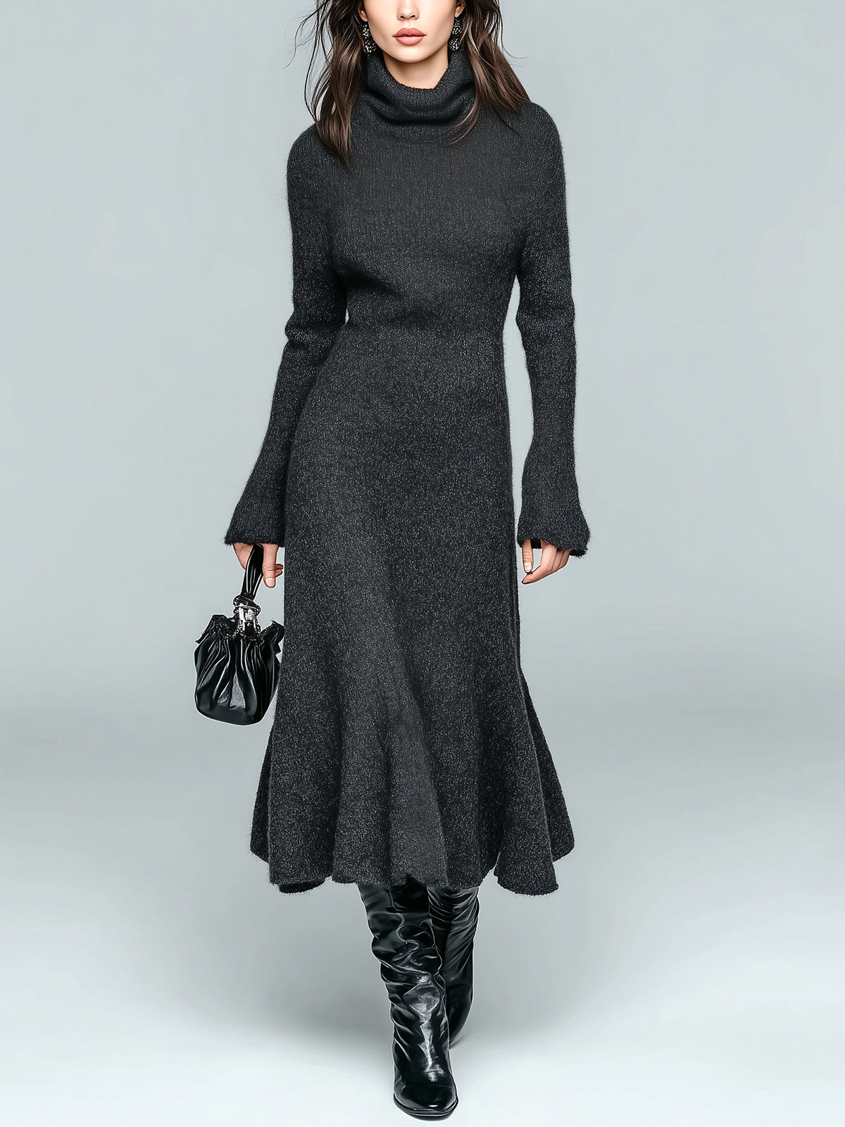 ElevenOra Chic Elegant Dark Gray Cowl Neck Long Sleeve Slim Fit Flared Hem Knit Maxi Dress