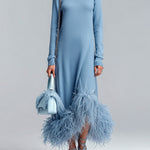 ElevenOra Chic Elegant Blue Turtleneck Long Sleeve Cutout And Feather Trim Detail Knit Maxi Dress