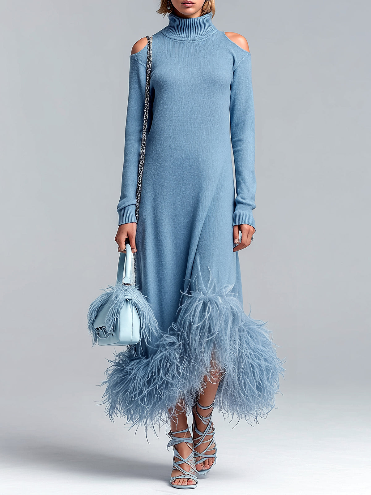 ElevenOra Chic Elegant Blue Turtleneck Long Sleeve Cutout And Feather Trim Detail Knit Maxi Dress
