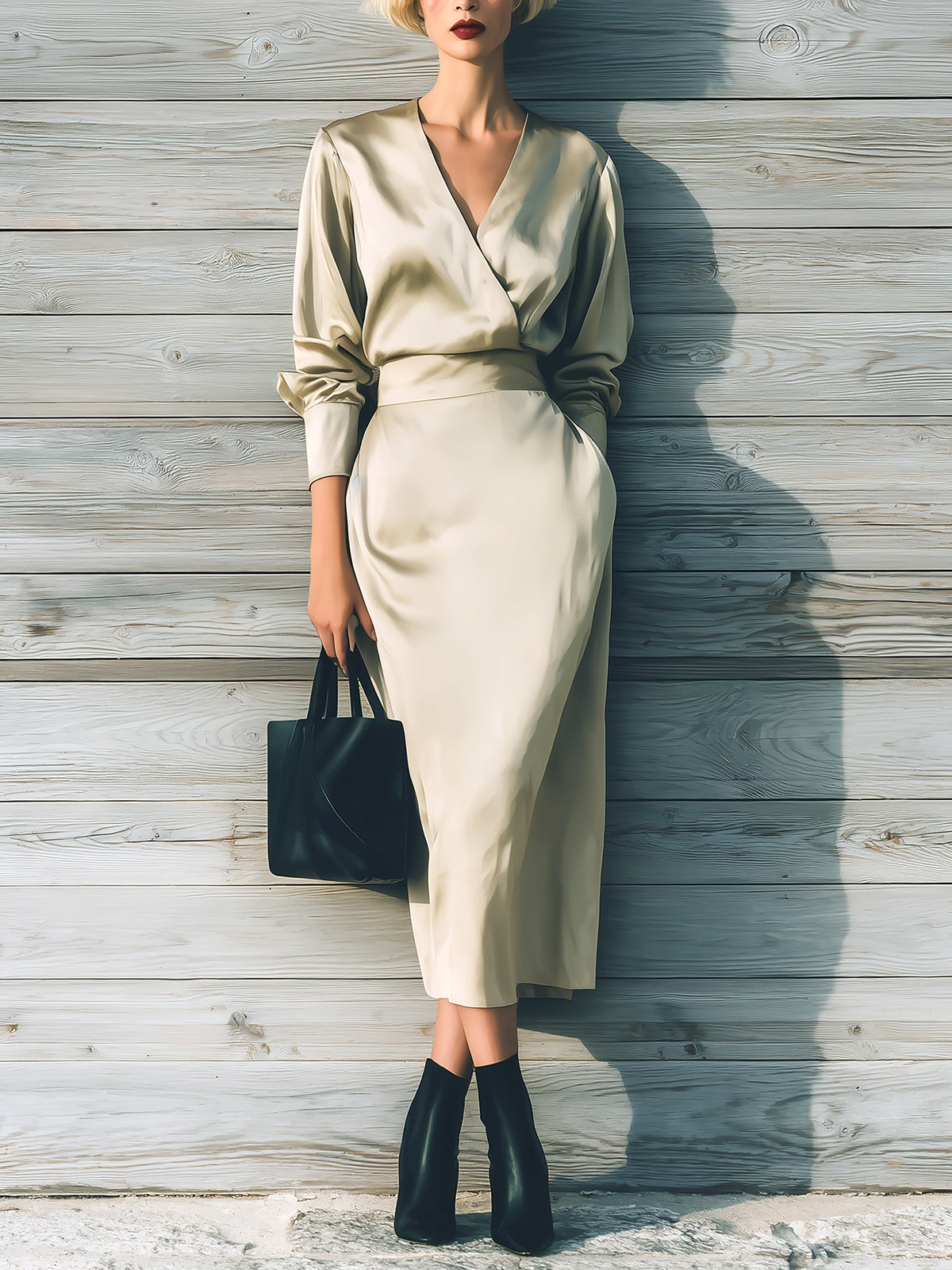 ElevenOra Chic Vintage Light Khaki Satin Wrapped V-Neck Long Sleeve Tailored Waist Midi Dress