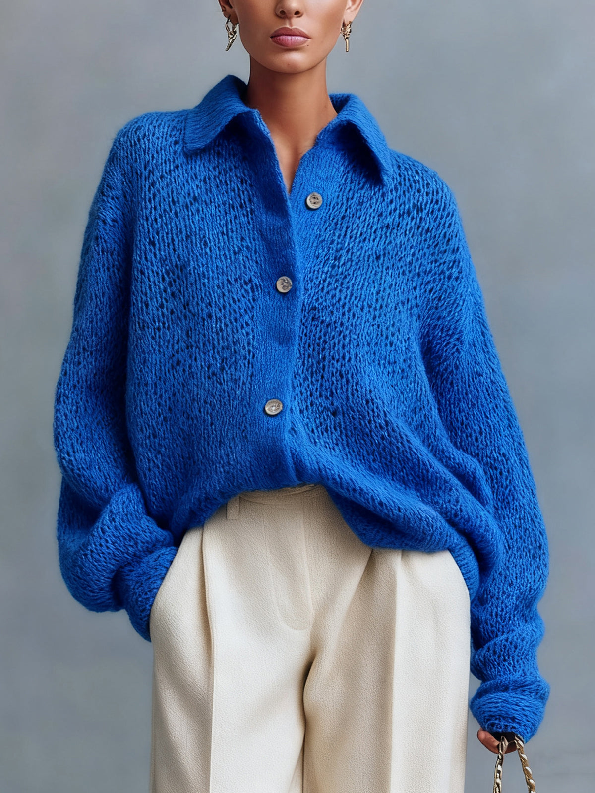 ElevenOra Chic Casual Royal Blue Lapel Button-Front Oversized Long-Sleeve Knit Shirt Sweater
