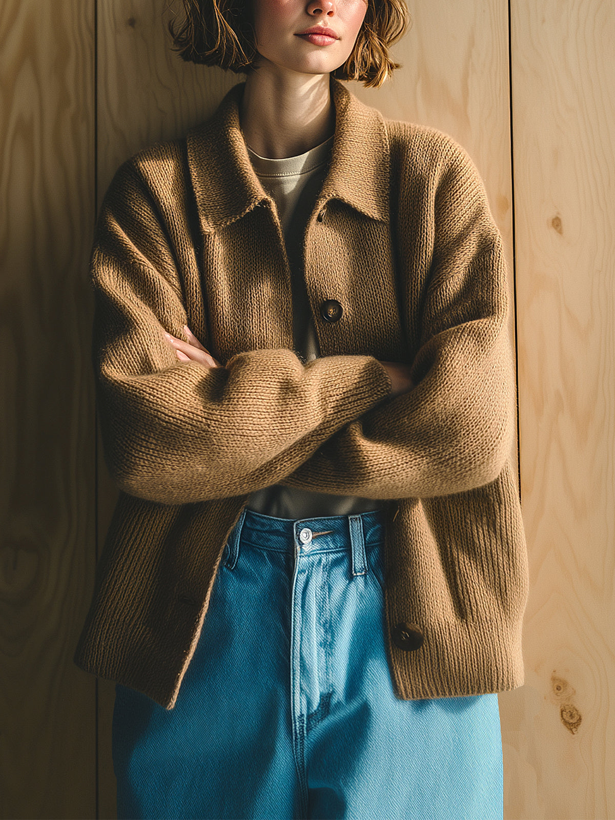 ElevenOra Chic Vintage Camel Lapel Single-Breasted Long Sleeve Oversized Knit Cardigan