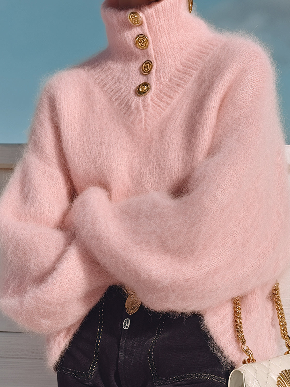 ElevenOra Chic Casual Pink Turtleneck Button Details Long Sleeve Oversized Fuzzy Knit Sweater