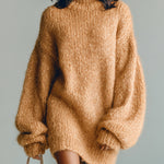 ElevenOra Chic Casual Camel Mock Neck Long Sleeve Oversized Fuzzy Knit Mini Dress
