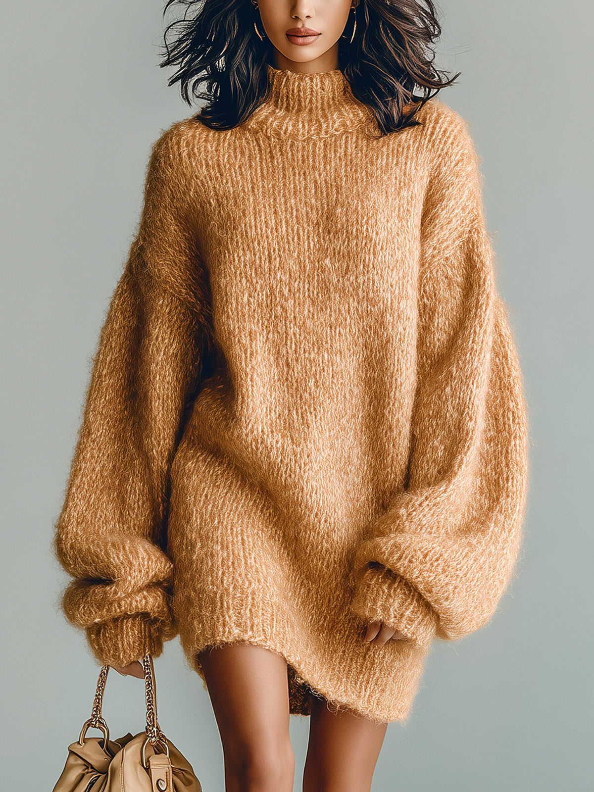 ElevenOra Chic Casual Camel Mock Neck Long Sleeve Oversized Fuzzy Knit Mini Dress