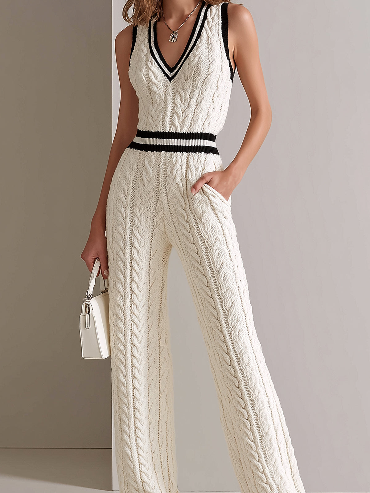 ElevenOra Chic Elegant Cream White V-Neck Sleeveless Contrast Trim Detail Elastic-Waist Loose-Fit Cable Knit Jumpsuit