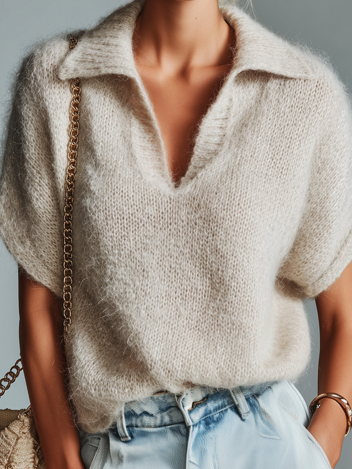 ElevenOra Chic Elegant Beige Lapel V-Neck Short-Sleeve Loose-Fit Knit Sweater Top