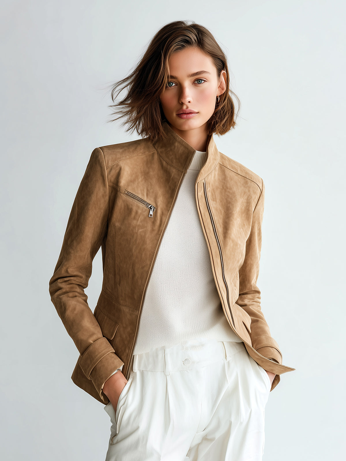 ElevenOra Chic Casual Camel Faux Suede Stand Collar Zipper-Front Slim-Fit Jacket