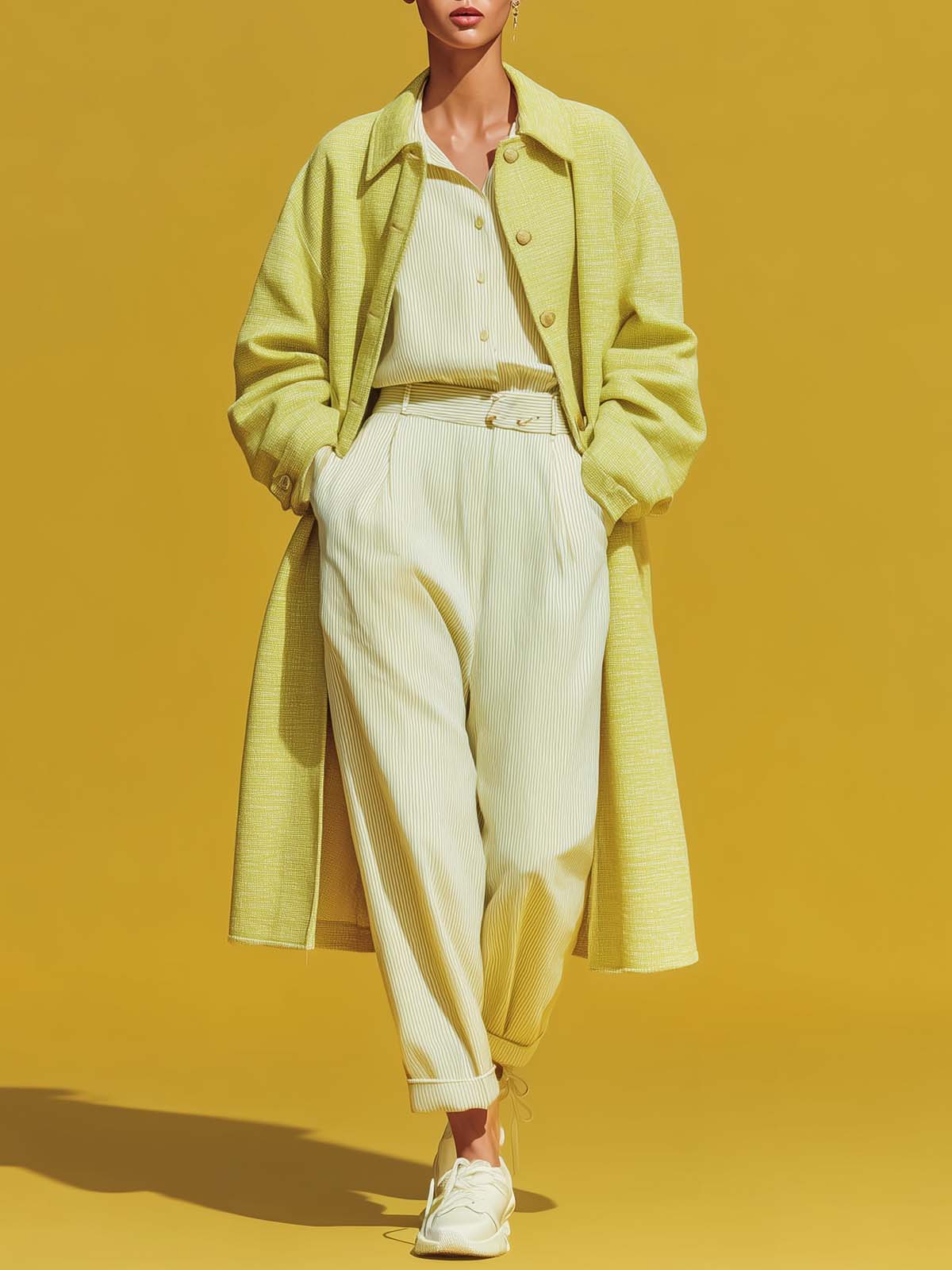 ElevenOra Chic Casual Yellow Cotton Blend Tweed Lapel Single-Breasted Oversized Long Coat