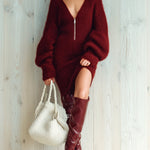 ElevenOra Chic Elegant Burgundy V-Neck Zipper-Front Long Sleeve Fuzzy Knit Midi Dress