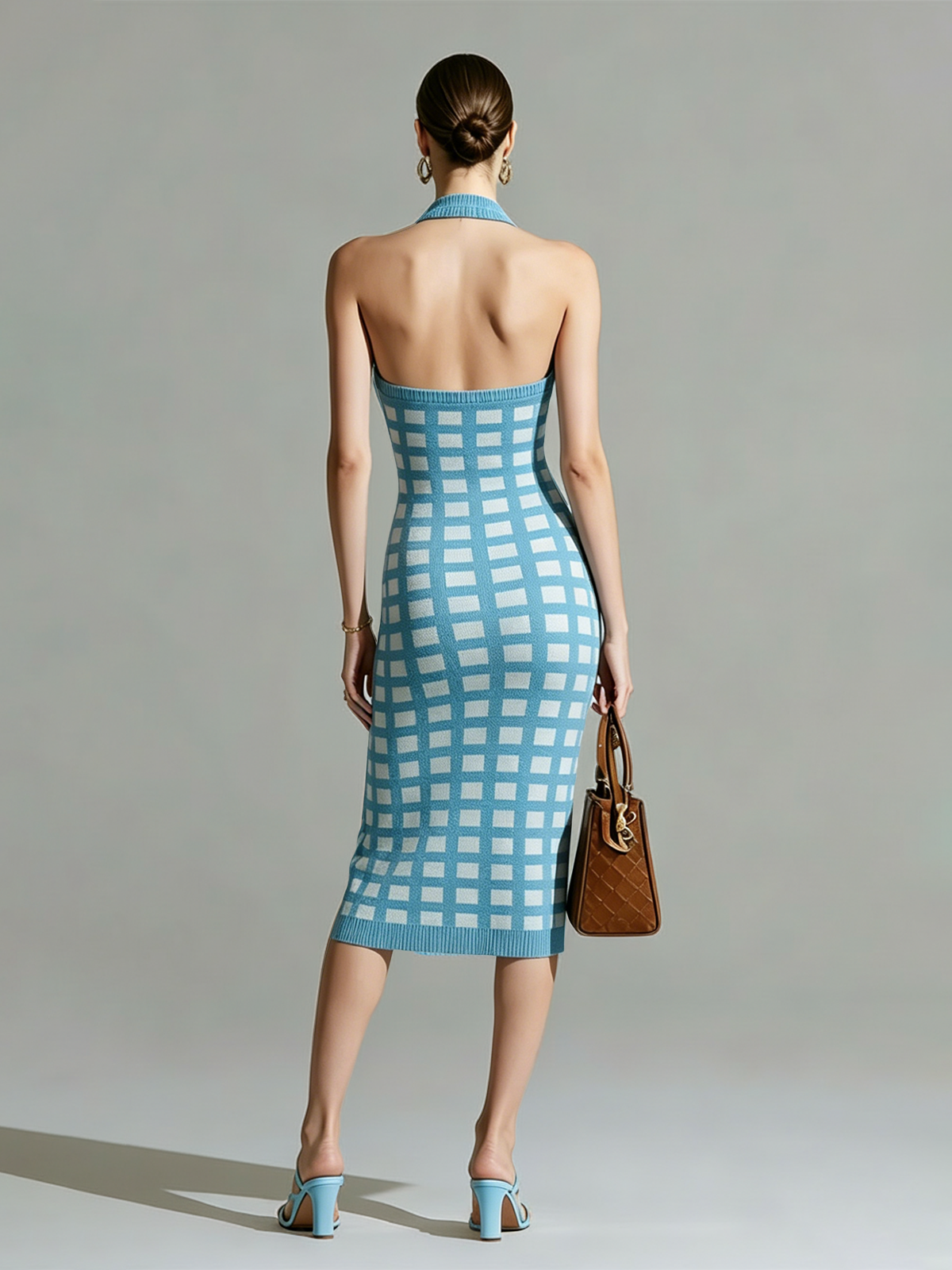 ElevenOra Stylish Elegant Blue-White Checkerboard Halter Neck V-Neck Slim-Fit Side Slit Ribbed Knit Midi Dress