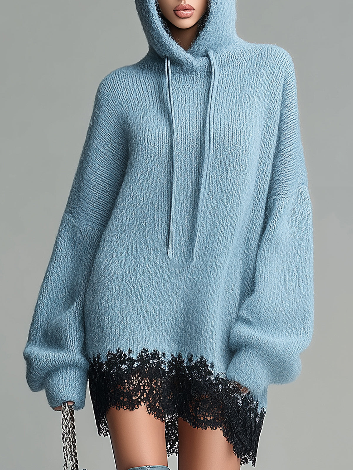 ElevenOra Chic Casual Baby Blue Hooded Long Sleeve Contrast Lace Patchwork Oversized Knit Mini Dress