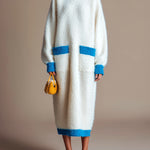ElevenOra Chic Fuzzy Cream White Patch Pocket Contrast Trim Long-Sleeve Knit Maxi Dress