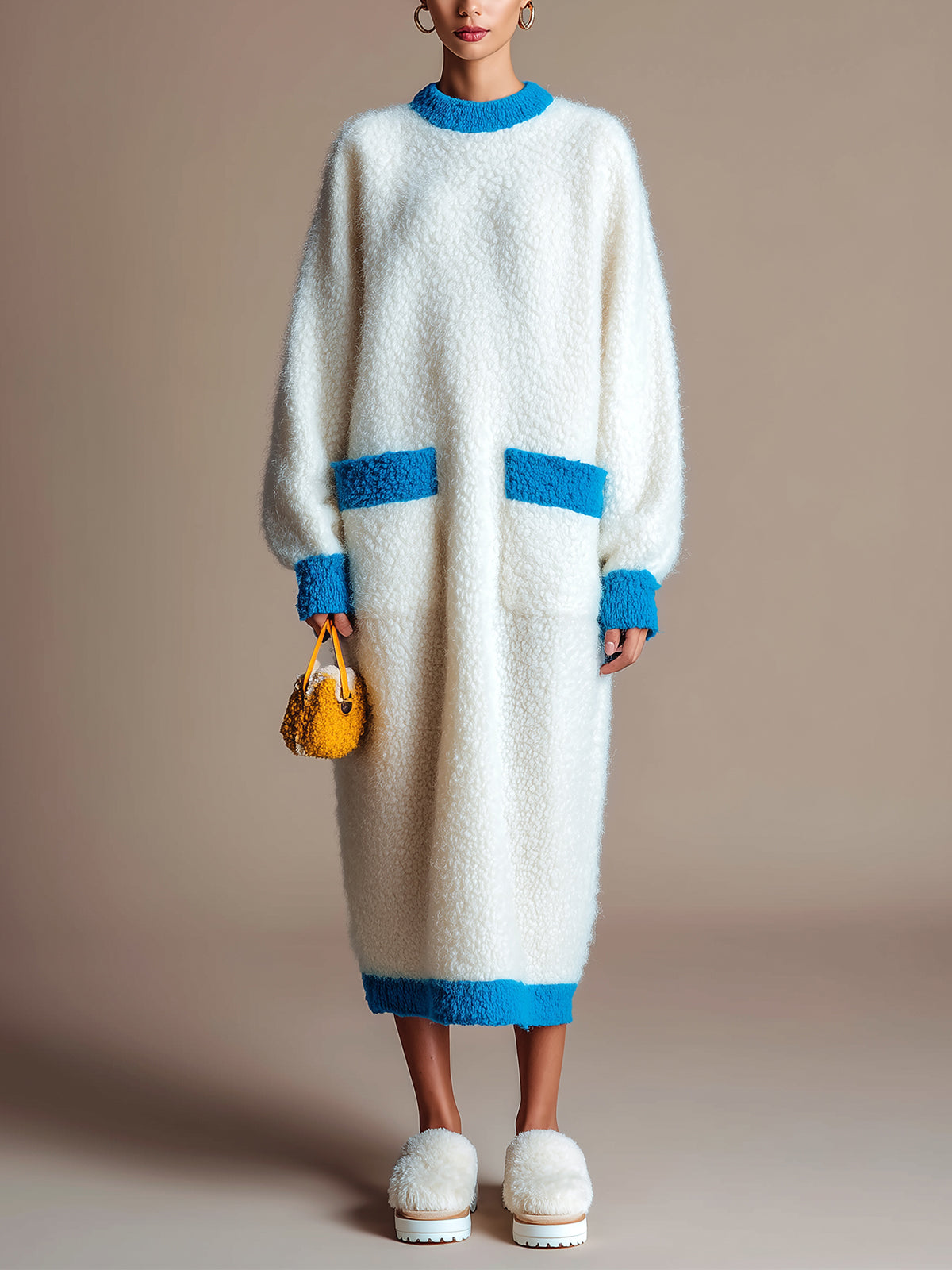 ElevenOra Chic Fuzzy Cream White Patch Pocket Contrast Trim Long-Sleeve Knit Maxi Dress