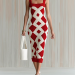 ElevenOra Chic Elegant Red-White Geometric Jacquard Strappy Sleeveless Slim-Fit Ribbed Knit Midi Dress