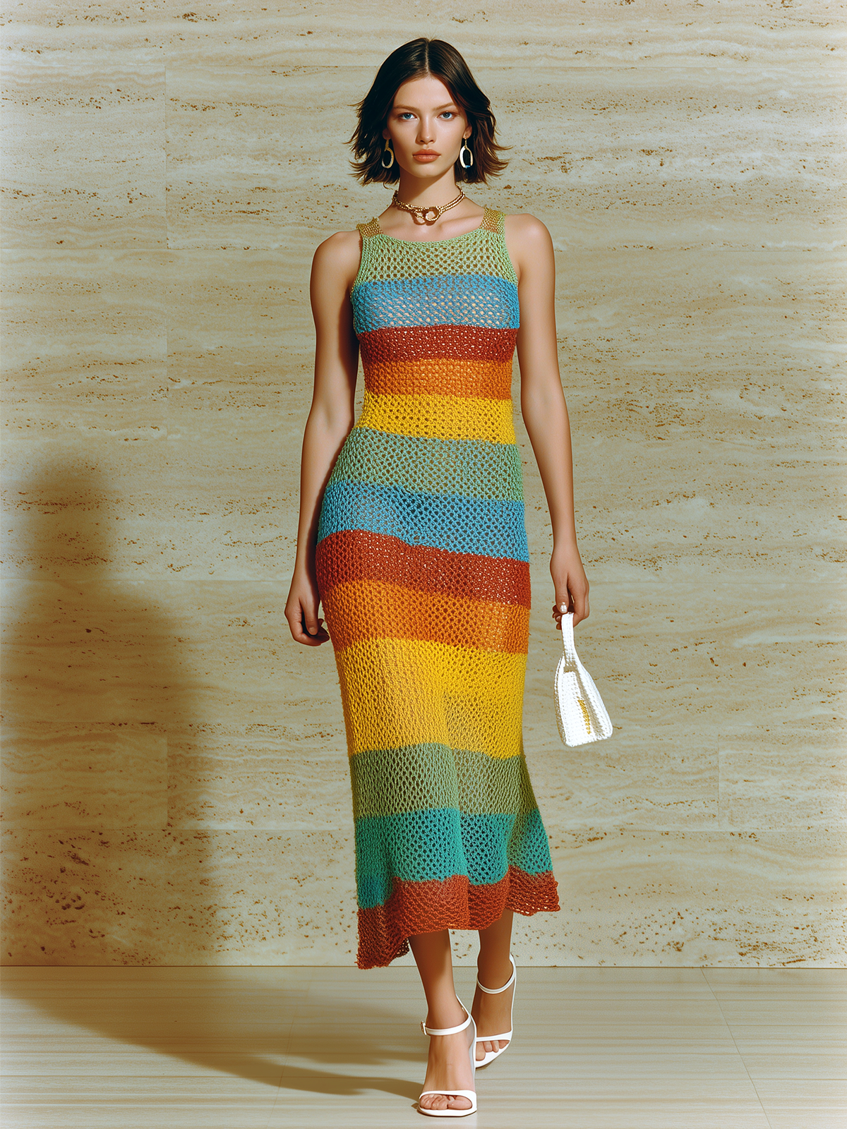 ElevenOra Chic Casual Colorful Striped Crew Neck Sleeveless Slim Fit  A-Line Ribbed Knit Maxi Dress