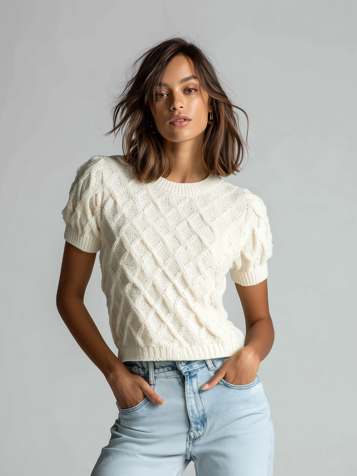 ElevenOra Chic Elegant Cream White 3D Diamond Pattern Jacquard Round-Neck Short-Sleeve Cropped Knit Sweater Top