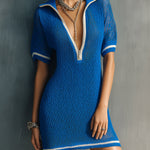 ElevenOra Chic Elegant Royal Blue Lapel Collor Zipper-Front Half-Sleeve Contrast Trim Slim-Fit Mesh Knit Mini Dress
