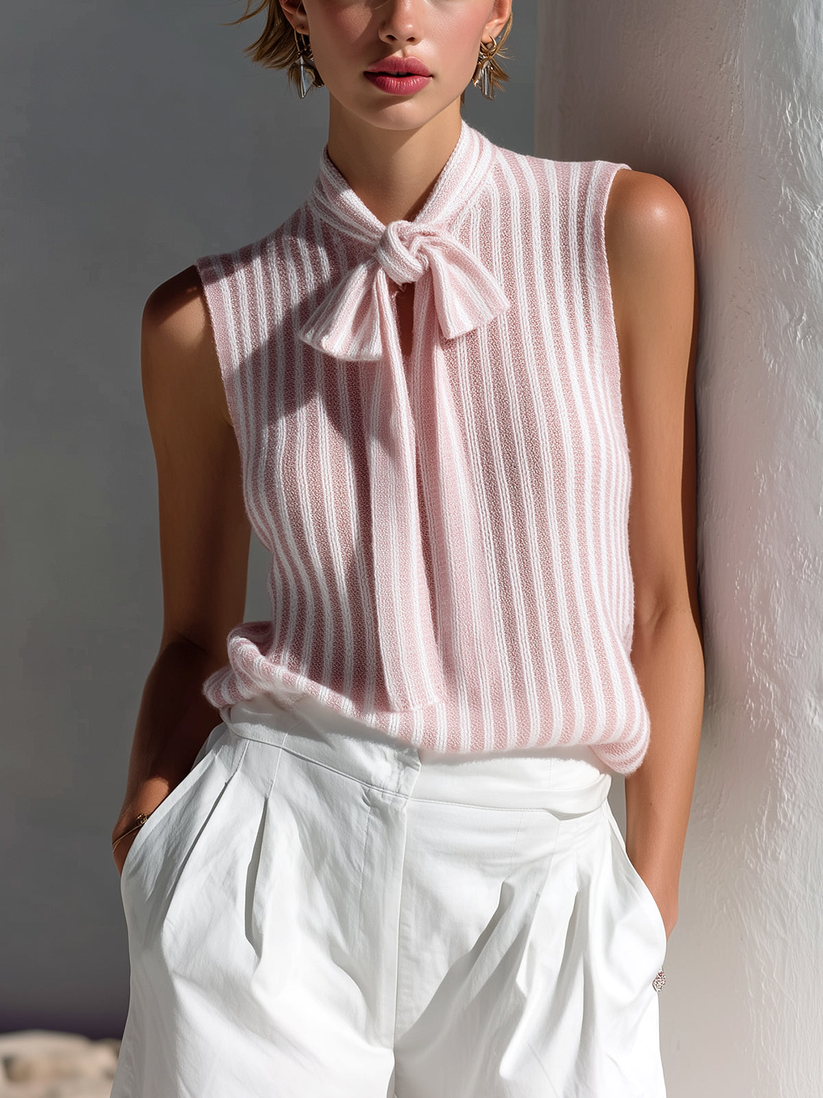 ElevenOra Chic Elegant Pink-White Stripes Bow-Tie Collar Sleeveless Loose-Fit Knit Vest Top