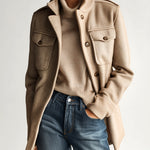 ElevenOra Vintage Casual Khaki Wool Blend Stand Collar Epaulet Multi-Pocket Short Coat