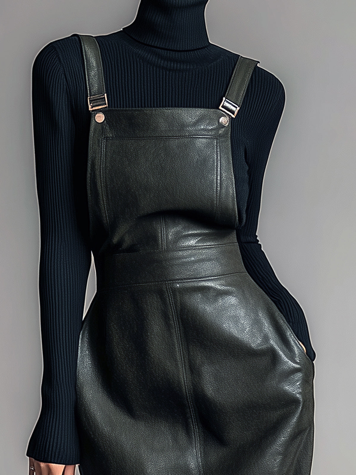 ElevenOra Chic Elegant Black Matte Faux Leather Slant Pocket Slim-Fit Pinafore Midi Dress