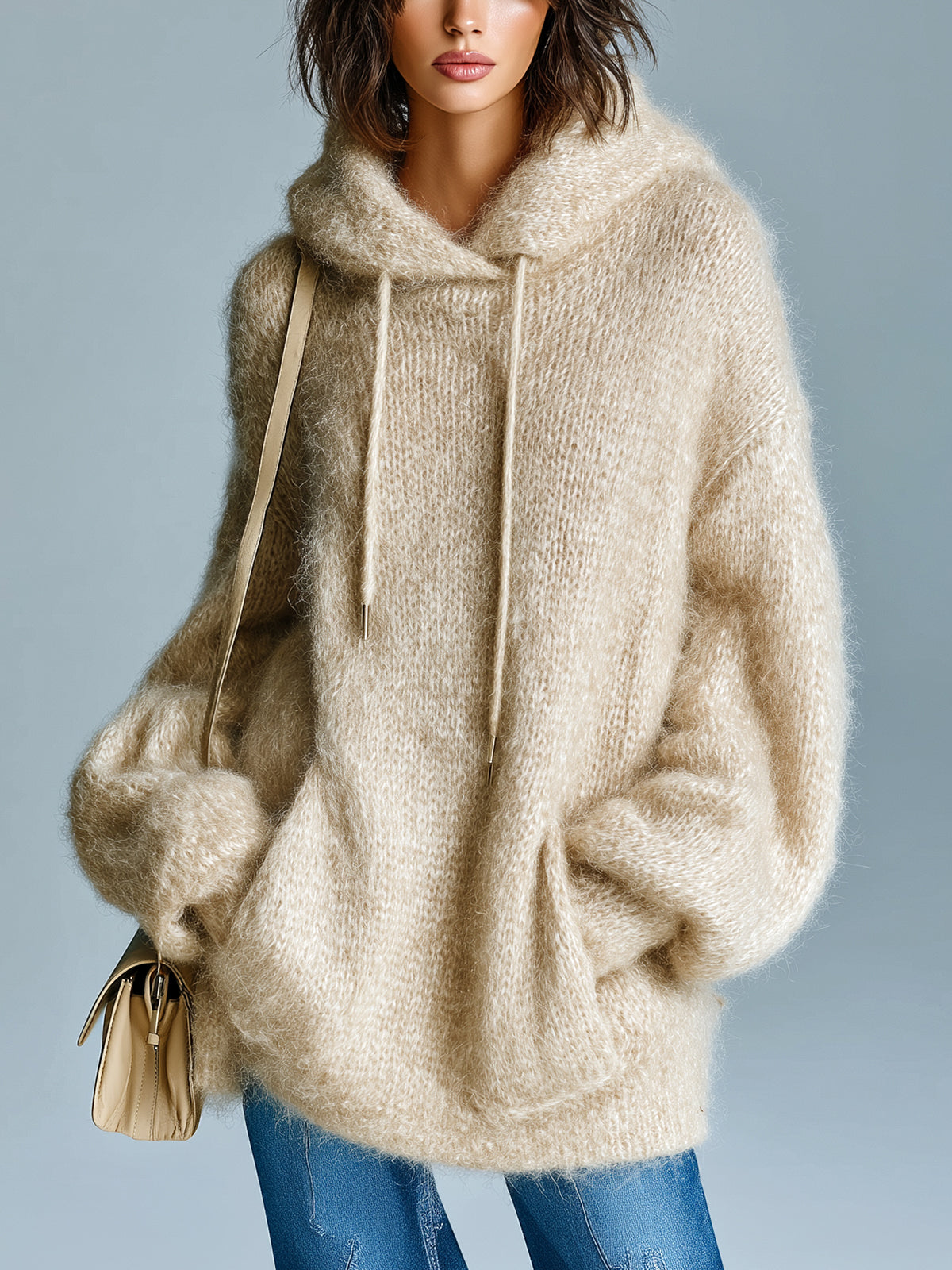 ElevenOra Chic Vintage Light Khaki Hooded Long Sleeve Kangaroo Pocket Oversized Fuzzy Mohair Knit Sweater