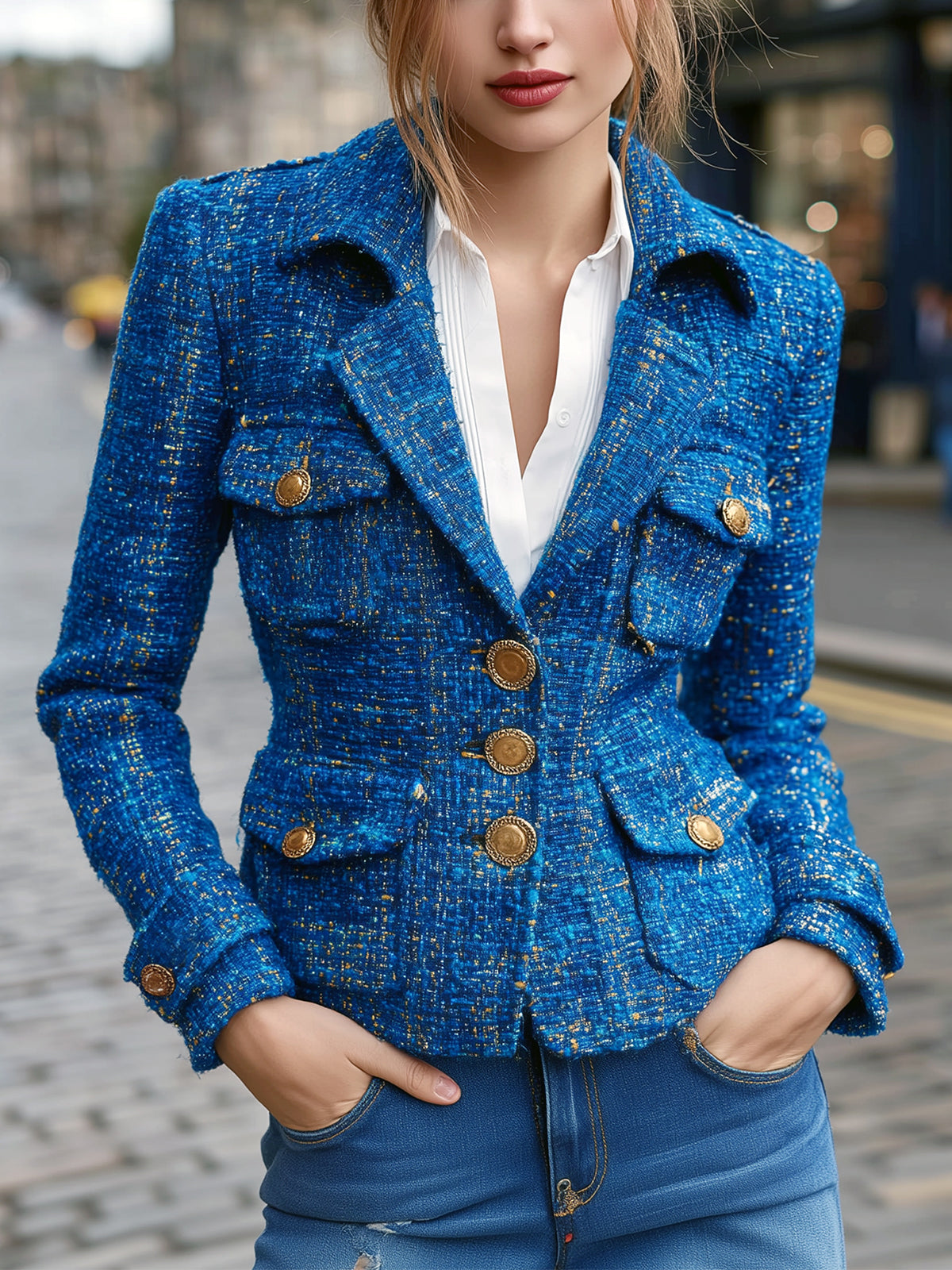 ElevenOra Chic Vintage Tweed Lapel Single-breasted Multi-Pocket Tailored Waist Mini Blazer