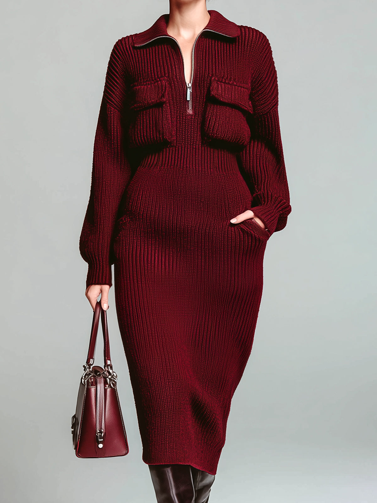 ElevenOra Chic Casual Burgundy Zip-Up Lapel Chest Pocket Oversized Long-Sleeve Knit Midi Dress