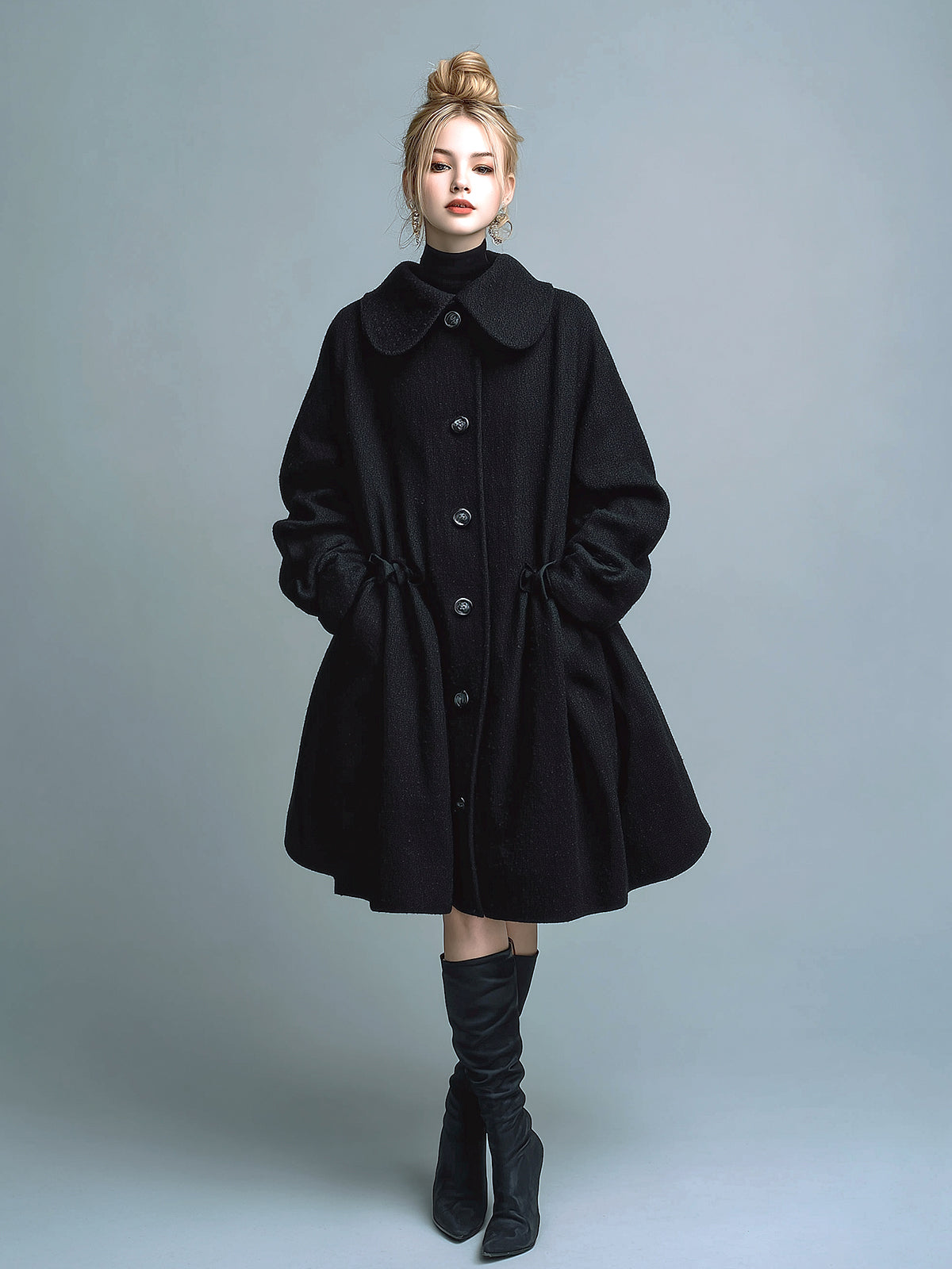 ElevenOra Vintage Wool Blend Peter Pan Collar Single-Breasted Drawstring Waist A-Line Silhouette Mid-Length Coat