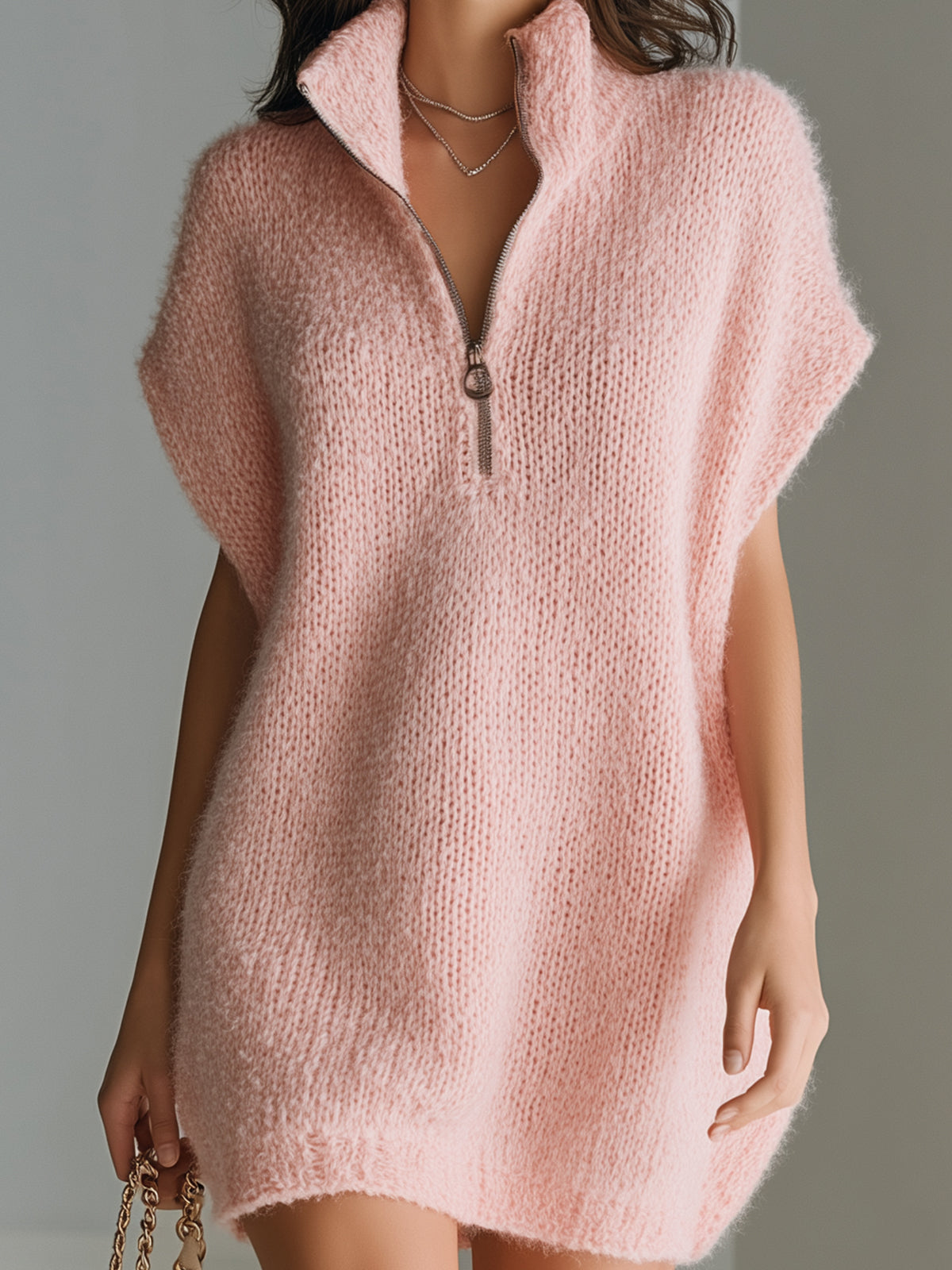 ElevenOra Chic Casual Pink Zip-Up Stand Collar Dropped Shoulder Oversized Knit Mini Dress