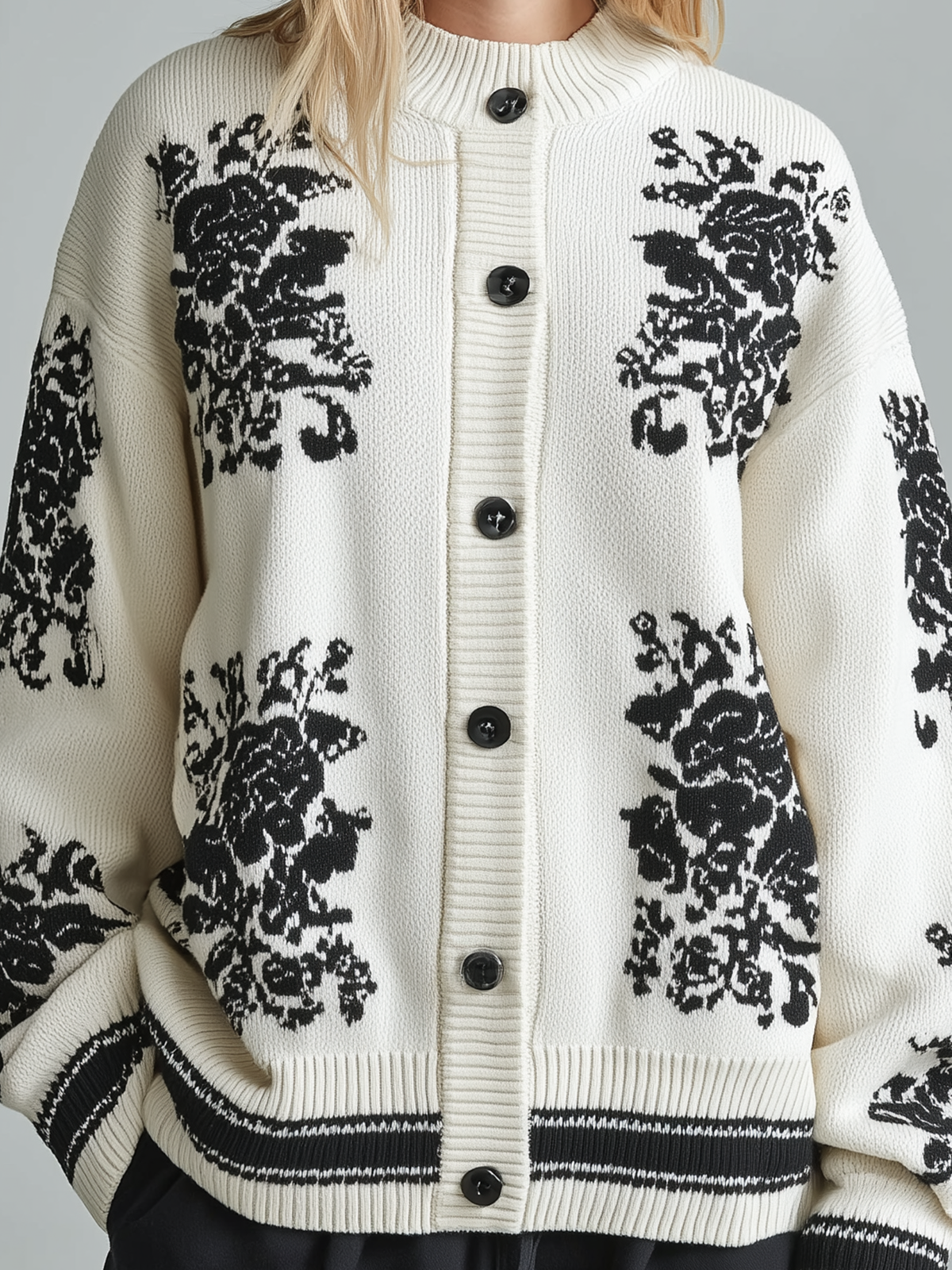 ElevenOra Chic Casual White Round Collar Long-sleeved Button Black Pattern Contrast Trim Details Oversized Knit Cardigan