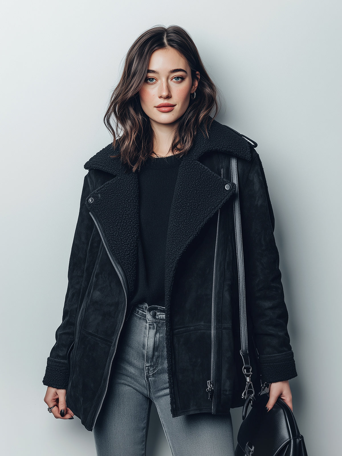 ElevenOra Chic Casual Black Faux Suede Shearling Collar Zipper-Front Oversized Warm Biker Jacket