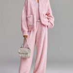 ElevenOra Chic Elegant Light Pink Stand-collar Long-sleeved Patch Pocket Zip-up Cardigan Wide-Leg Pants Knit Two-piece Set
