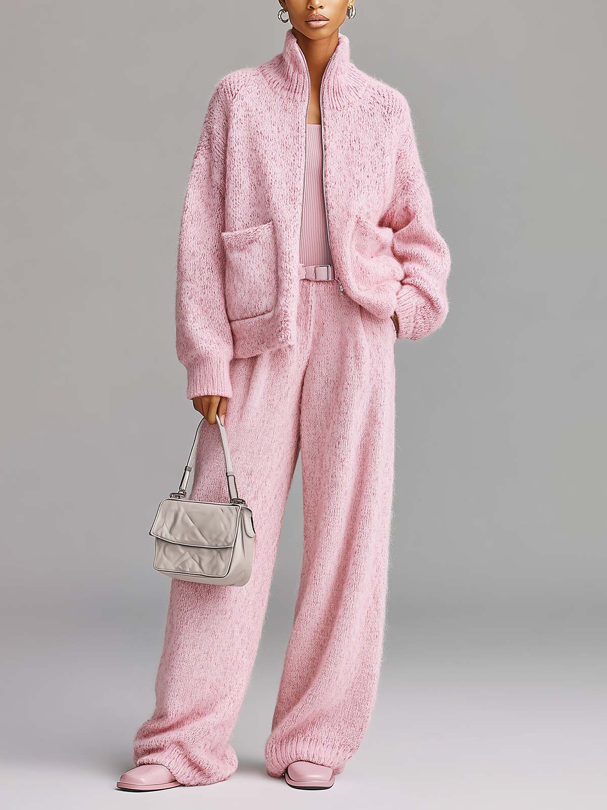 ElevenOra Chic Elegant Light Pink Stand-collar Long-sleeved Patch Pocket Zip-up Cardigan Wide-Leg Pants Knit Two-piece Set