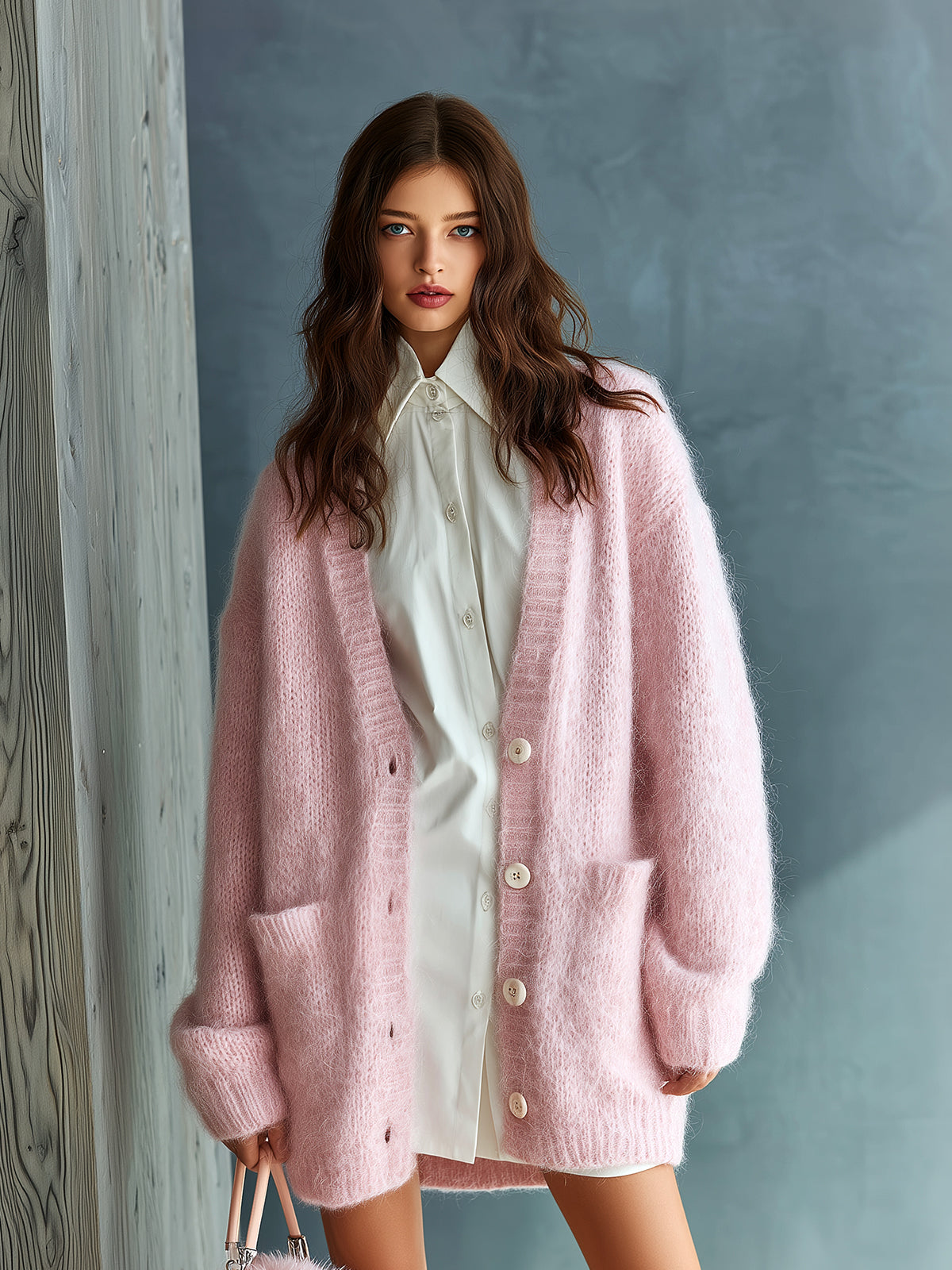 ElevenOra Chic Elegant Pink V-Neck Single-Breasted Long Sleeve Patch Pocket Loose-Fit Fuzzy Mohair Knit Mid-Length Cardigan
