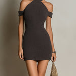 ElevenOra Chic Elegant Dark Coffee Halter Short-Sleeve Cutout Slim-Fit Knit Bodycon Mini Dress