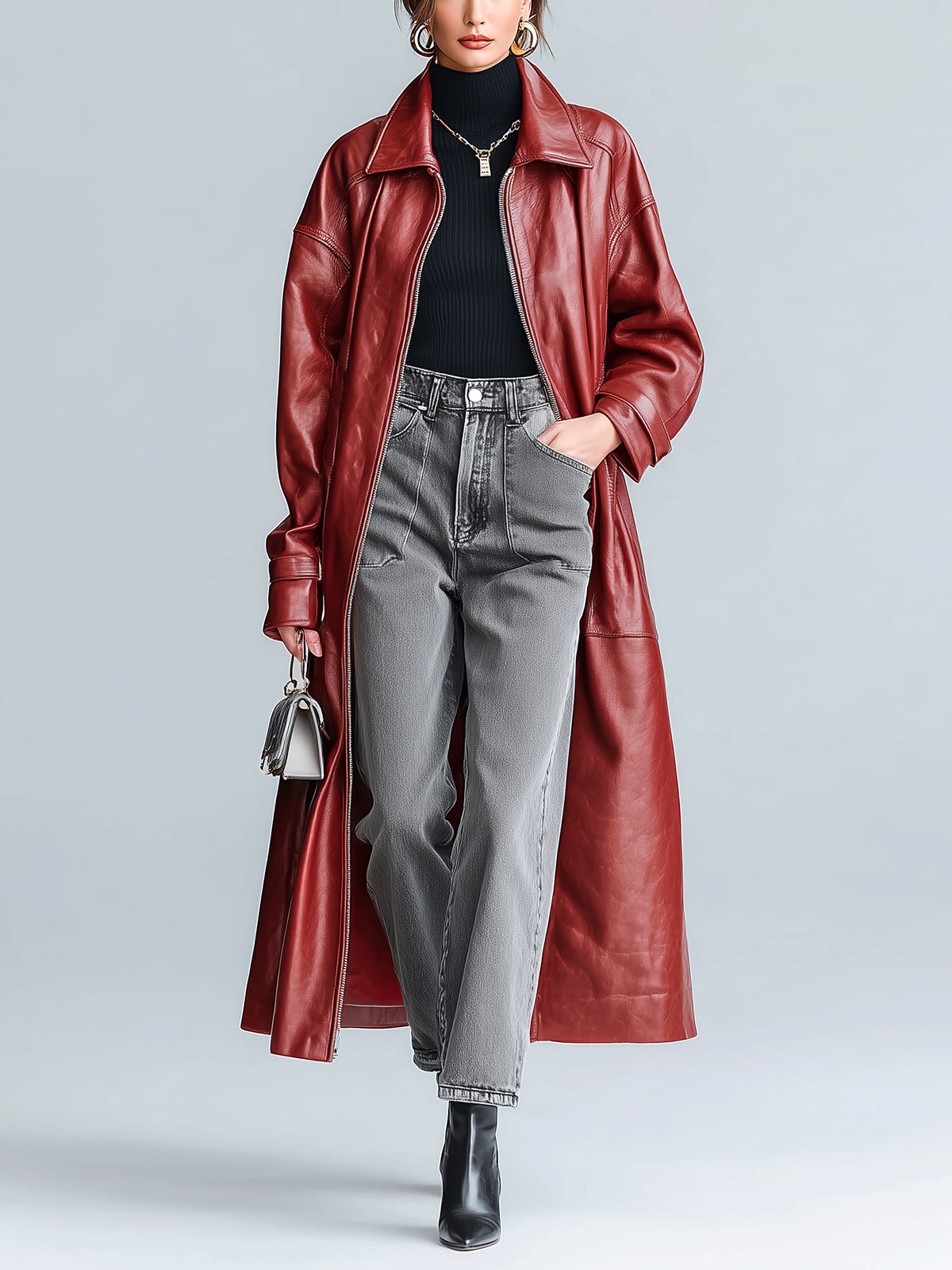 ElevenOra Chic Vintage Burgundy Faux Leather Lapel Zipper-Front Long Sleeve Oversized Maxi Trench Coat