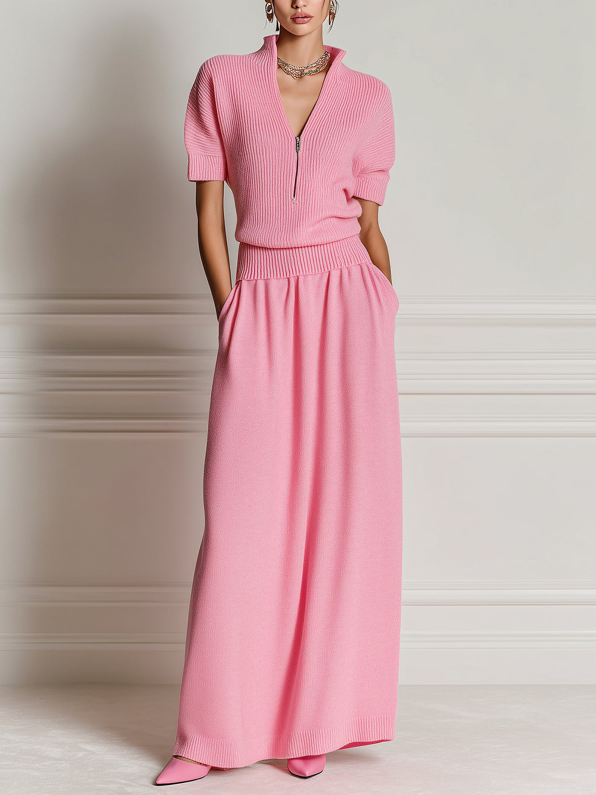 ElevenOra Chic Vintage Pink Zipper-Up V-Neck Short-Sleeve Loose-Fit Sweater A-Line Maxi Dress Knit Two-Piece Set
